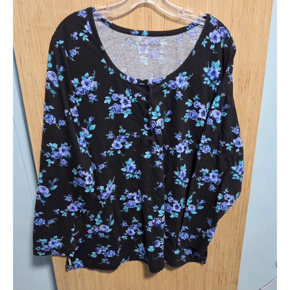 Woman Within Plus Size 18/20 Floral Henley Top Long Sleeve Black Blue